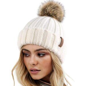 Warm Knit Beanie with Faux Fur Pom Pom | Soft Winter Hat for Women